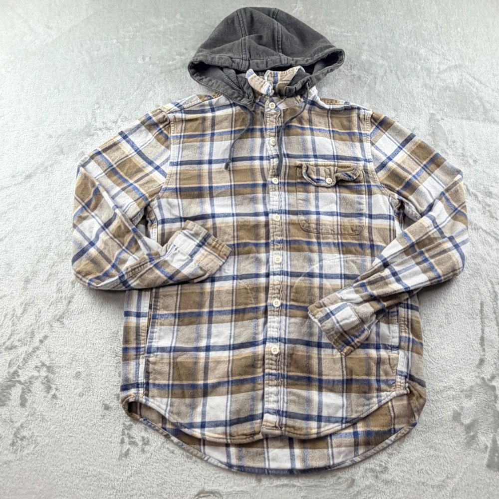 American Eagle Women's Small Super Soft Flannel Hooded Shirt Brown Blue Plaid